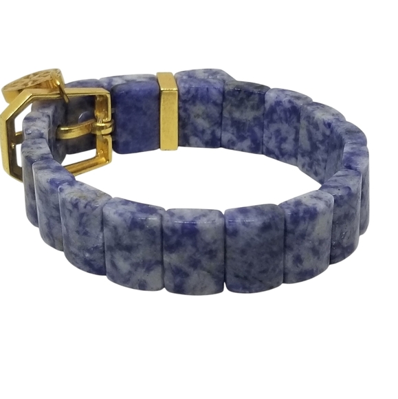 RUSTIC CUFF CHARAY GOLD SODALITE STONE BELT STYLE STRETCH BRACELET WITH BOX NWOT - Picture 5 of 8